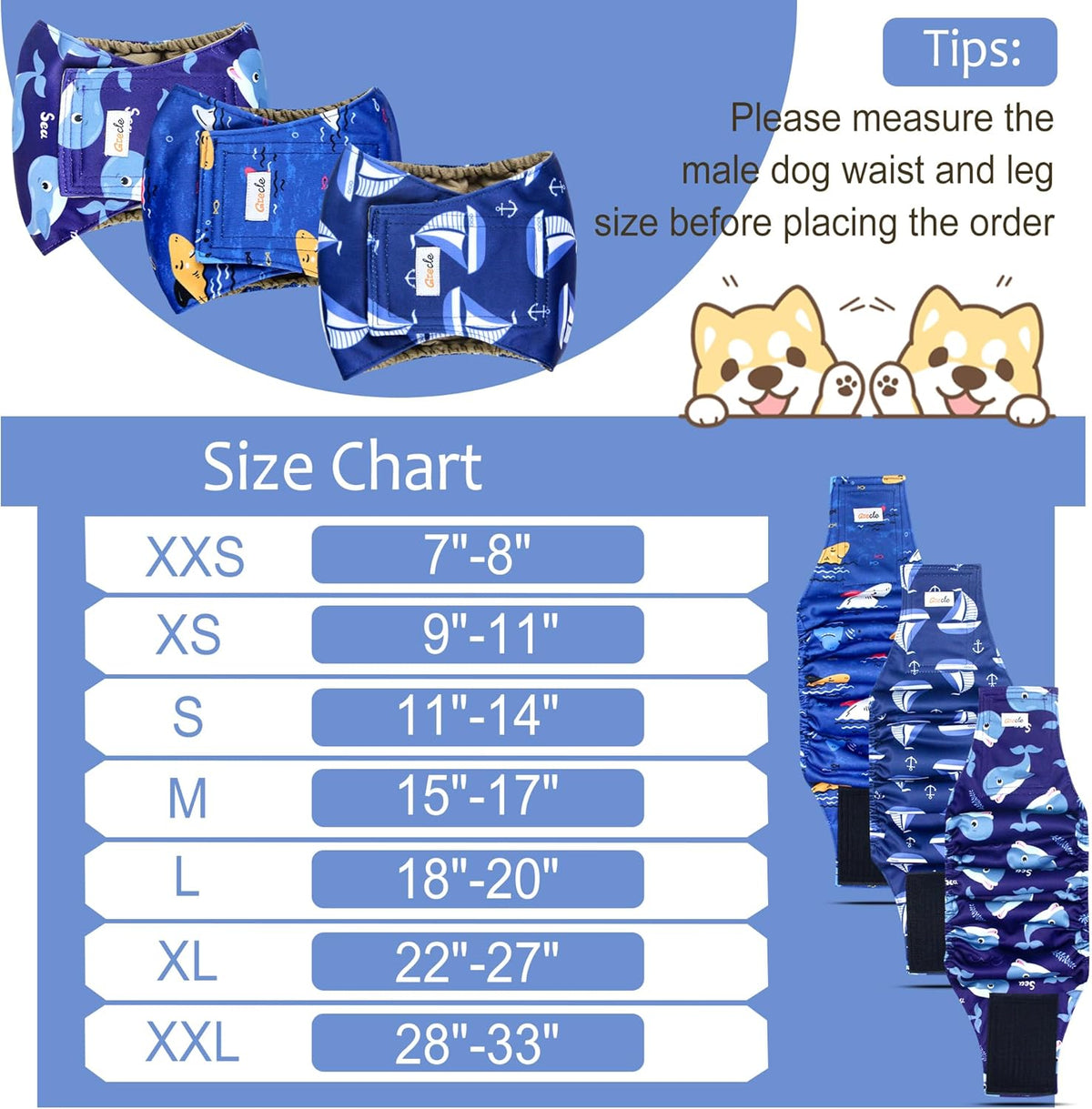 Reusable Dog Diapers Male 3Pcs, Premium Washable Belly Bands for Male Dogs Xlarge, High Absorbing Male Dog Wraps for Doggie Puppy Excitable Urination and Training(Sailboat, XL)
